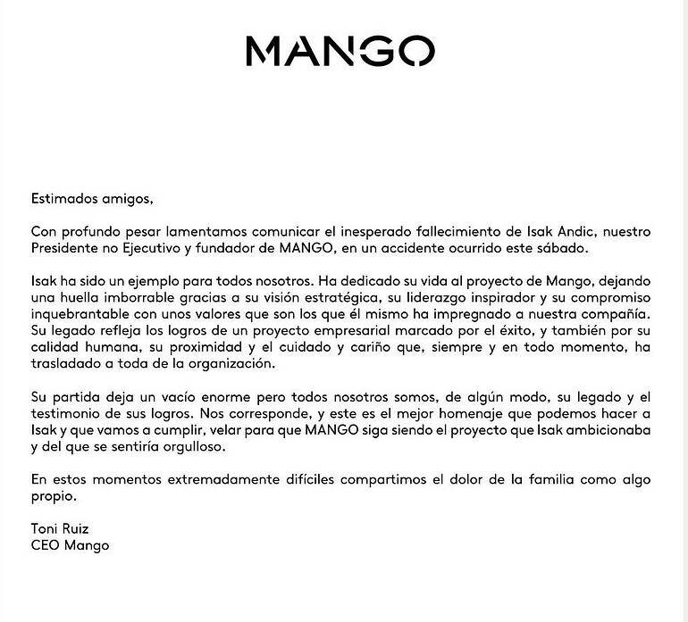 Comunicado oficial de Mango