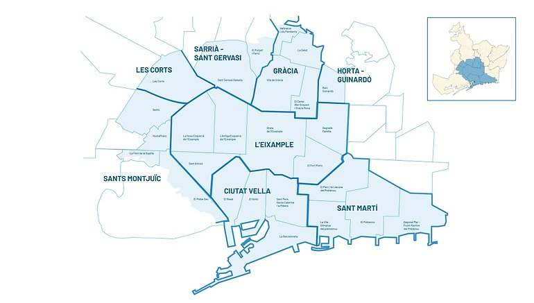 Mapa de los barrios que podrán abrir domingos y festivos. / Foto: Ajuntament Barcelona