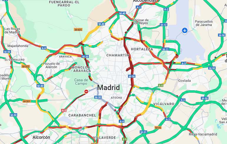 Situación del tráfico a las 14 horas, según Google Maps