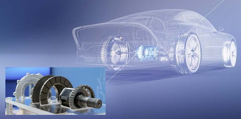 Adosado a cada lado del motor eléctrico, un disco de freno con elementos de fricción (que en la imagen de detalle se ve desensamblado)