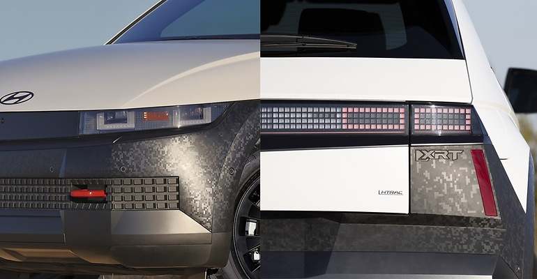Tratamiento decorativo específico para la versión XRT, mediante un camuflaje técnico, a base de píxeles, como el tema principal del Ioniq 5