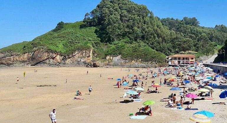 Playa aguilar con varios bañistas y una montaña muy frondosa al fondo