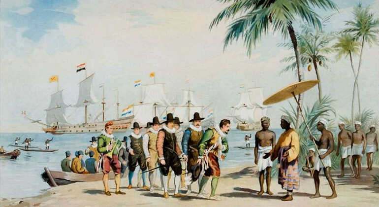 Cuadro del conquistador Cornelius Houtman llegando a Indonesia