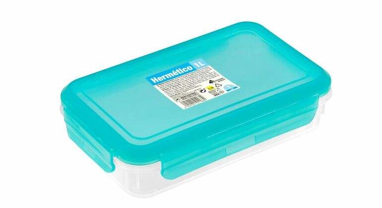 Tupper con tapa azul de plástico del mercadona hermético y de más de un litro
