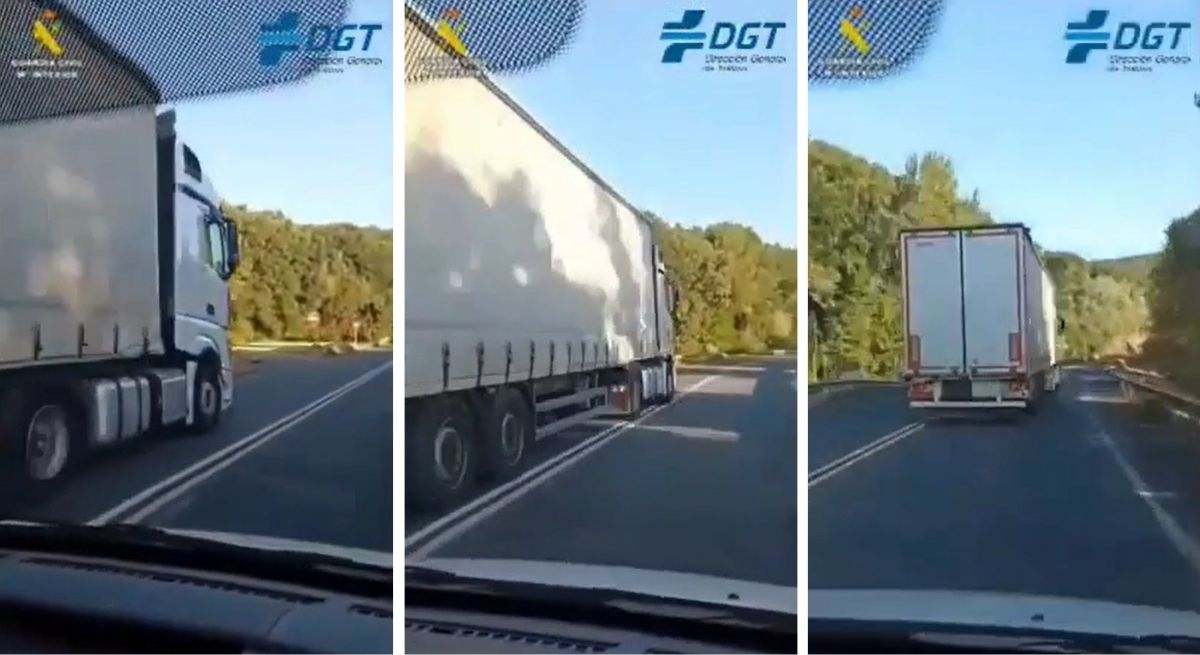 Graba desde su coche a un camionero adelantando en línea continua: la Guardia Civil lo sanciona por conducción temeraria