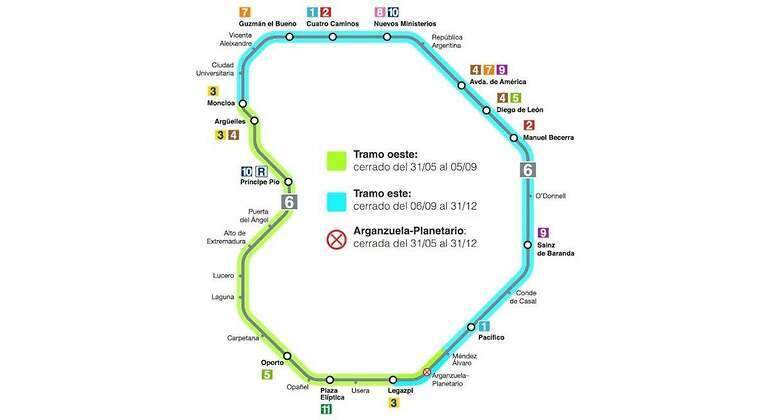 Mapa de las obras de la línea 6 y las estaciones afectadas. / Foto: Metro de Madrid