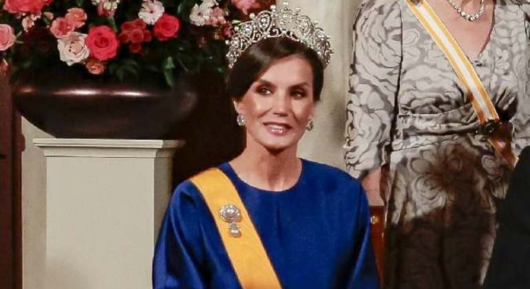 La reina Letizia en el acto de Países Bajos, una de las tres ocasiones en las que llevó recogido en 2024.