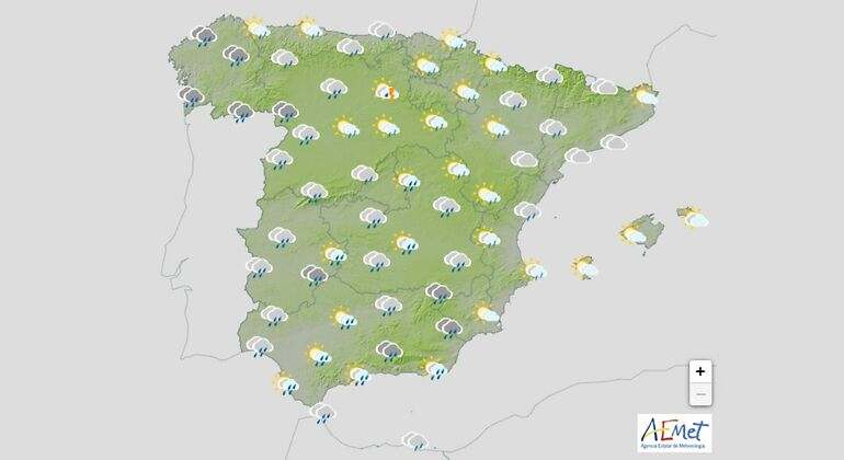 Mapa de la predicción de este sábado de la Aemet. / Foto: Aemet