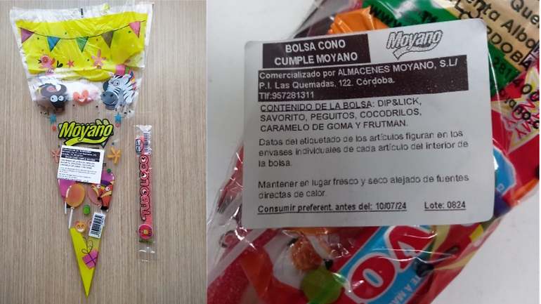 Aspecto y etiquetado de la bolsa cono de cumpleaños afectado por la alerta. / Junta de Andalucía