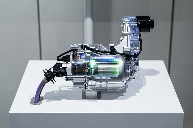 En este conjunto fabricado en plástico se deja ver el motor eléctrico de 48 voltios auxiliar y sus engranajes, para conectar a la salida de la caja de cambios
