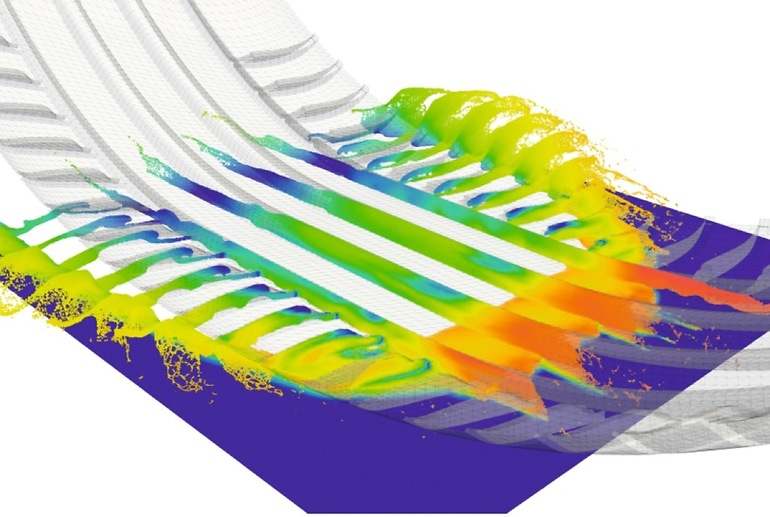 Simulación de Michelin de evacuación de agua bajo la huella del neumático para analizar la tendencia al aquaplaning