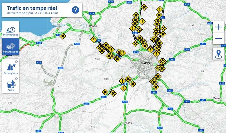 Estado de las principales vías de acceso a la región parisina a las 17:00 horas.