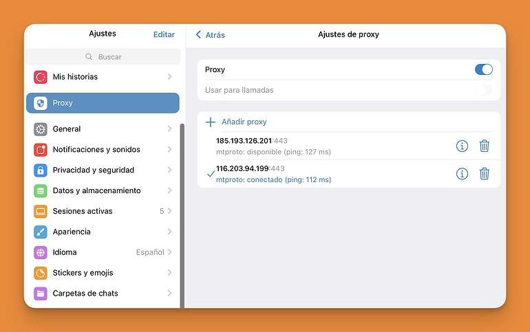 Así es la configuración de proxys de Telegram en escritorio