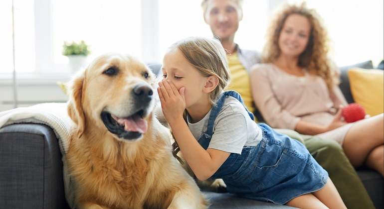 Niña hablando a un perro