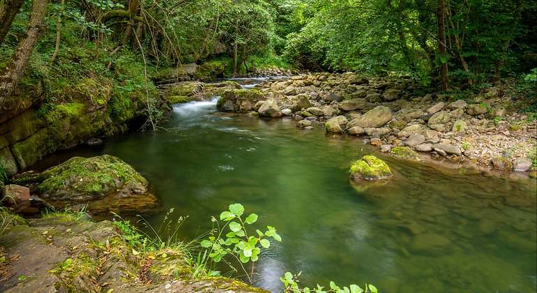 El río Argonza a su paso por la ciudad medieval de Bárcena Mayor, Cantabria.