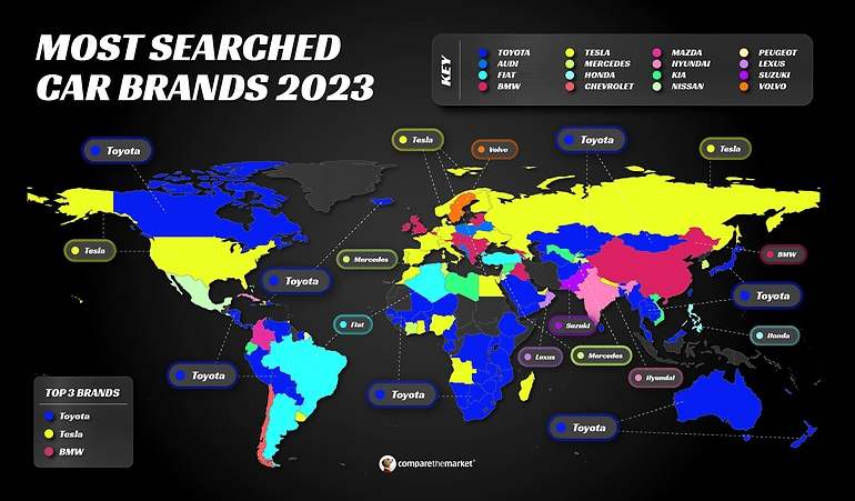 Mapa con las marcas de coches más buscadas por países. Fuente: Compare the Market AU.