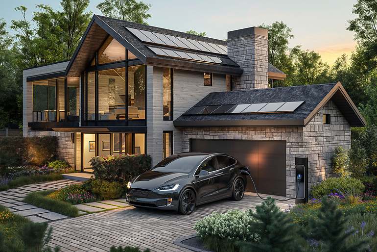 Coche eléctrico cargando en una casa