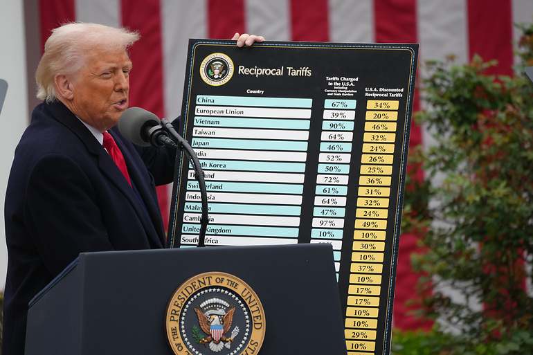 El presidente de EEUU, Donald Trump, sostiene un cartel sobre aranceles mientras firma dos órdenes ejecutivas que darán lugar a aranceles recíprocos contra otros países que cobran aranceles a productos estadounidenses