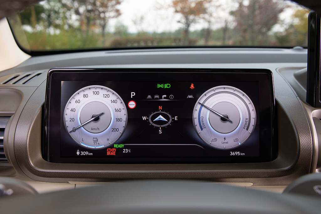 Cuadro de instrumentos digital de 10,25 pulgadas que muestra contenidos específicos para el vehículo eléctrico.