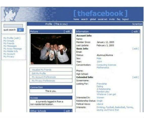 Aspecto de Facebook en el 2005: