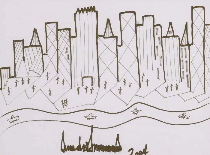 Este dibujo fue subastado posteriormente por Sotheby's , pero originalmente fue donado por el Sr. Trump para el beneficio de Capuchin Food Pantries en 2003. La escena es del proyecto de desarrollo Riverside South en Manhattan, que dirigió Trump