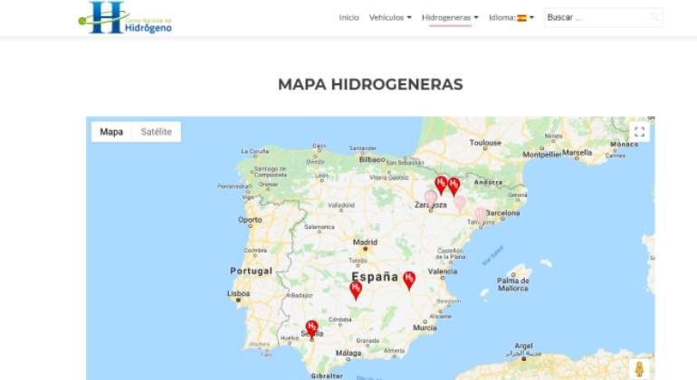 Mapa de ubicación de hidrogeneras en España.