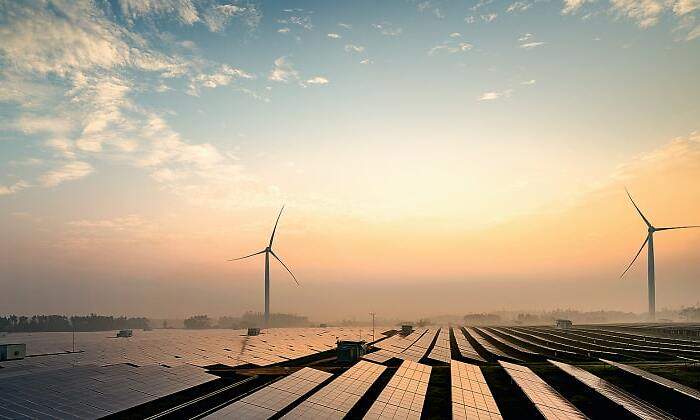 Paneles solares y aerogeneradores al atardecer