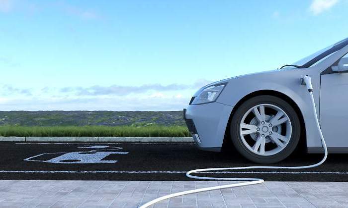 Un coche elctrico se recarga con un jardn en el horizonte