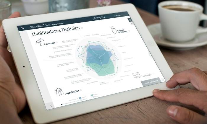 Una persona consulta en su tableta el informe de madurez digital de Indra