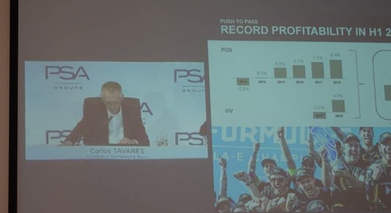Carlos Tavares en la videocoferencia explicando la mejoría de la rentabilidad del grupo.