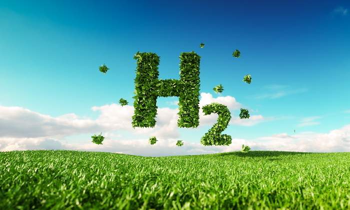 Smbolo de la molcula de hidrgeno hecho de hierba sobre un prado verde