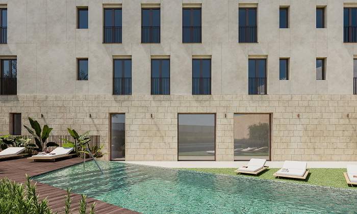 Fachada y piscina de la promocin Viria de la inmobiliaria Aedas Homes