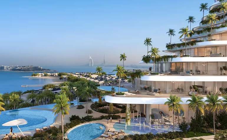 Render de Cosmo Residence con piscinas y palmeras