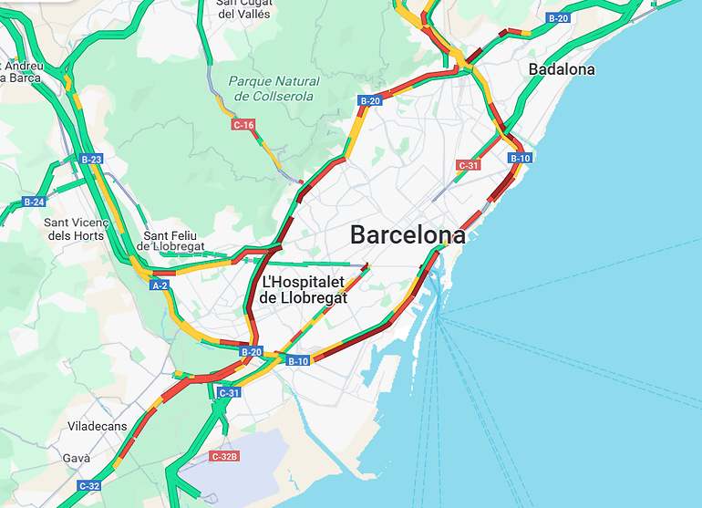 Situación del tráfico a las 14 horas, según Google Maps